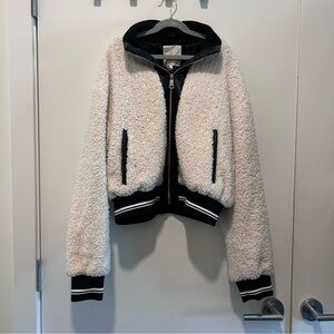Avec Les Filles Cream and Black Sherpa Bomber Jacket